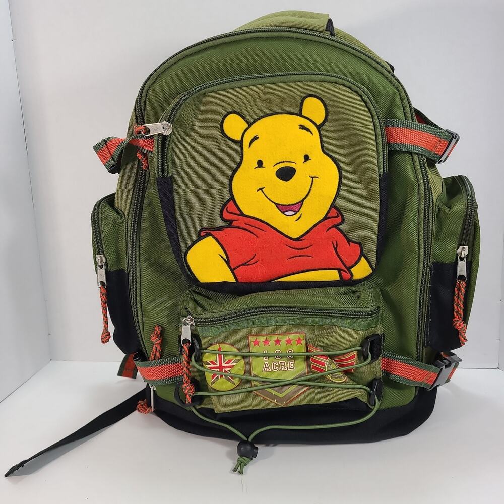 Vintage Pooh 100 Acre Backpack Green Military Look 15.5" Bag Multi Zip Pockets